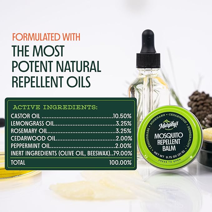 Murphy's Naturals Mosquito Repellent Balm for Outdoor Patio, Hiking, Camping, Plant-Based with Cedarwood, Lemongrass & Rosemary, DEET-Free, 0.75 oz