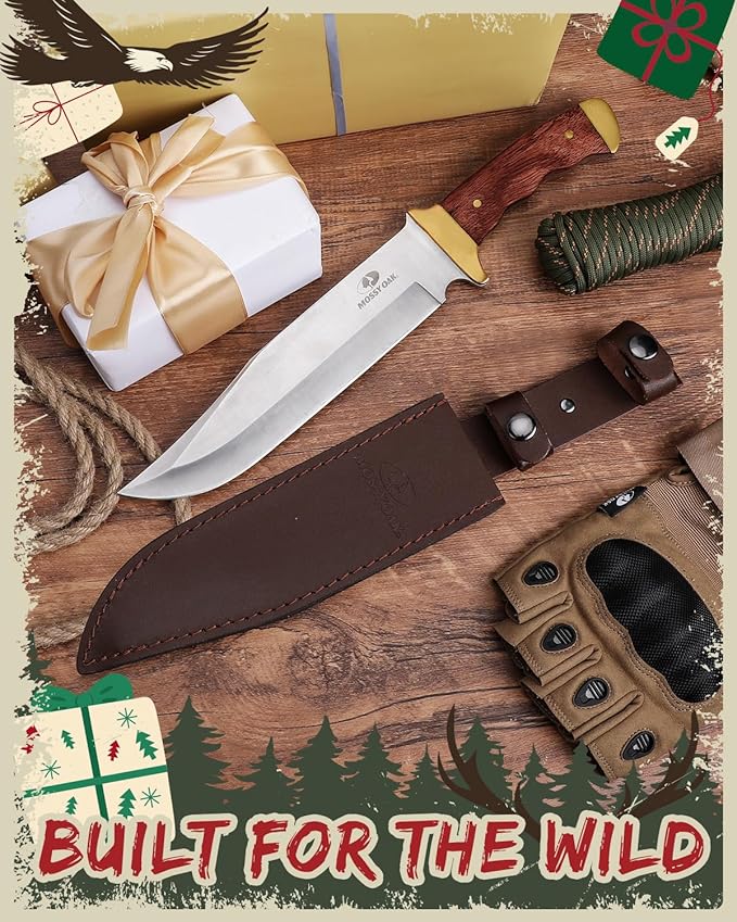 Mossy Oak 14-inch Bowie Knife, Full-tang Fixed Blade, Wood Handle Hunting Knife with Leather Sheath for Camping, Hiking, Survival