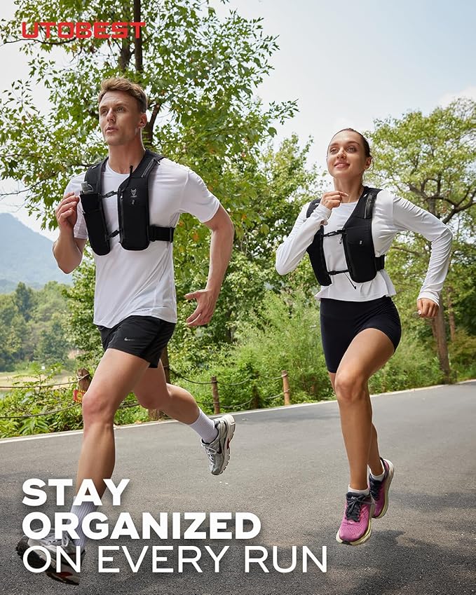 UTOBEST Running Vest for Women Men, Reflective Hydration Vest with 500ml Soft Water Bottle, 5L Phone Holder with Adjustable Belt & Ample Storage