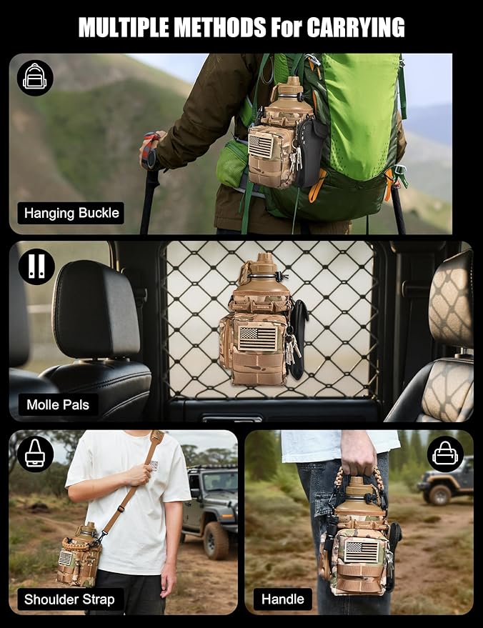 Tactical Half Gallon Water Bottle with Straw, 64 oz Insulated Water Jug with Molle Sleeve, Stainless Steel Sport Bottle with 3 BPA Free Lids for Gym Workout Hiking (Brown, 64OZ)