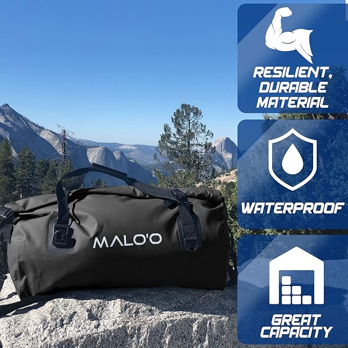 Malo’o Waterproof Dry Duffel, Heavy-Duty Roll Top Waterproof Gear Bag with Shoulder Strap & Molle Loops, Marine Duffel for Kayaking, Boating, Camping, Beach & Travel, Black, 60L