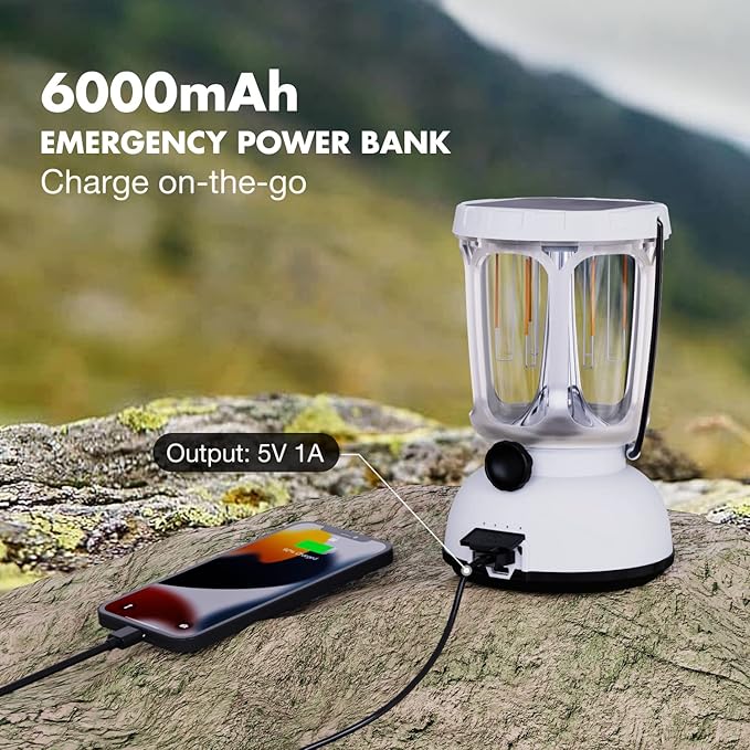 Mesqool Camping Lantern Rechargeable Battery 6000mAh, 650LM LED Lanterns for Power Outages Emergency Hurricane, Solar Hand Crank Lantern for 200 Hours