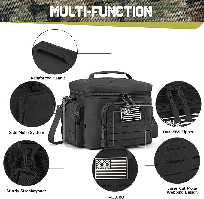 QT&QY Tactical Lunch Bag for mens Military heavy duty lunch box work Leakproof insulated Durable Thermal Cooler Bag for Adult Meal for Office Camping Picnic Pail MOLLE Webbing Black
