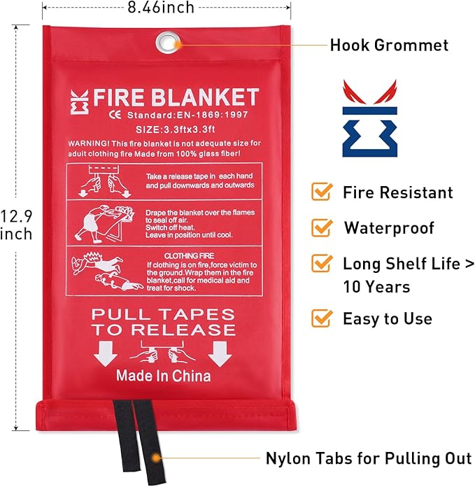 KITOSUN Fire Blanket for Kitchen Home Emergency - Fiberglass Blankets Fire Survival Suspension Flames Retardant Extinguisher Great for Stove Car Garage Office Camping Caravan BBQ Safety (2-Pack)