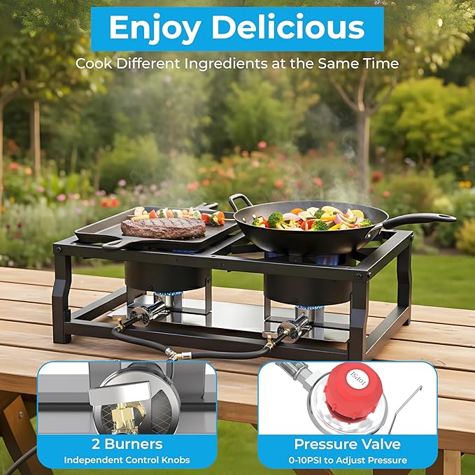 Tabletop Double Burner Camp Stove - 100,000 BTU Portable Propane Gas Cooker with CSA Regulator - Heavy-Duty Steel Frame for Camping, BBQ & Outdoor Cooking