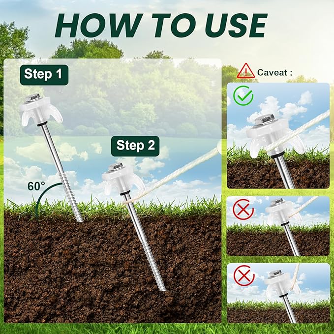 12 Pack 8" Screw in Tent Stakes Heavy Duty- Ground Anchors Screw- Tent Pegs Camping Stakes- Hex Pegs Drillable Tent Stakes and Hexagon Head Drive and Storage Box (White)