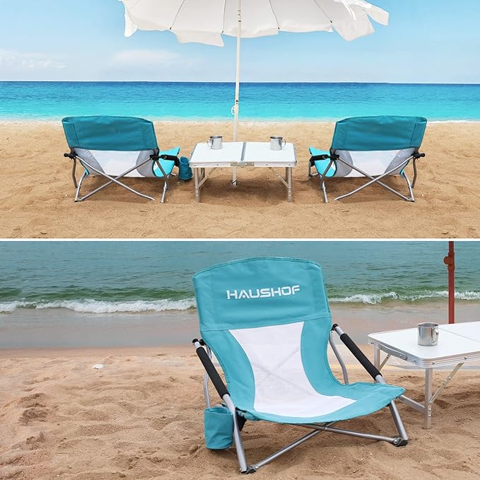 HAUSHOF Low Beach Chair, Mesh Back Folding Chair, Lightweight Low Seat Camping Chairs with Cup Holder, Carry Bag, Padded Armrest, for Outdoor Beach Lawn Camping Picnic Festival