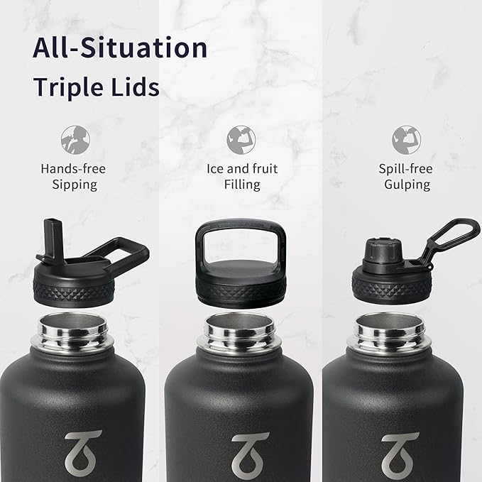 Trebo Water Bottle 64oz with Paracord Handle, Half Gallon Large Vacuum Double Wall Stainless Steel Insulated Water Jug with Straw Spout Handle Lids, Leakproof BPA-Free Keep Cold & Hot, Dark Gray