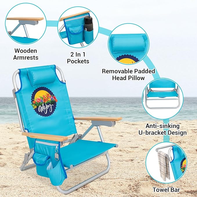 #WEJOY Folding Beach Chair for Adults, 4-Position Aluminum Lightweight Beach Chair, Low Sands Chairs with Shoulder Strap, Cup Holder and Padded Headrest, Supports 265lbs for Lawn