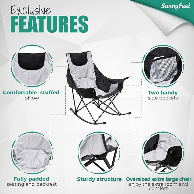 SUNNYFEEL Oversized Rocking Camping Chair, Fully Padded Patio Chair with Side Pocket, High Back Portable Lawn Recliner with Headrest, Outdoor Camp Rocker Chairs for Adults Heavy Duty 300 LBS
