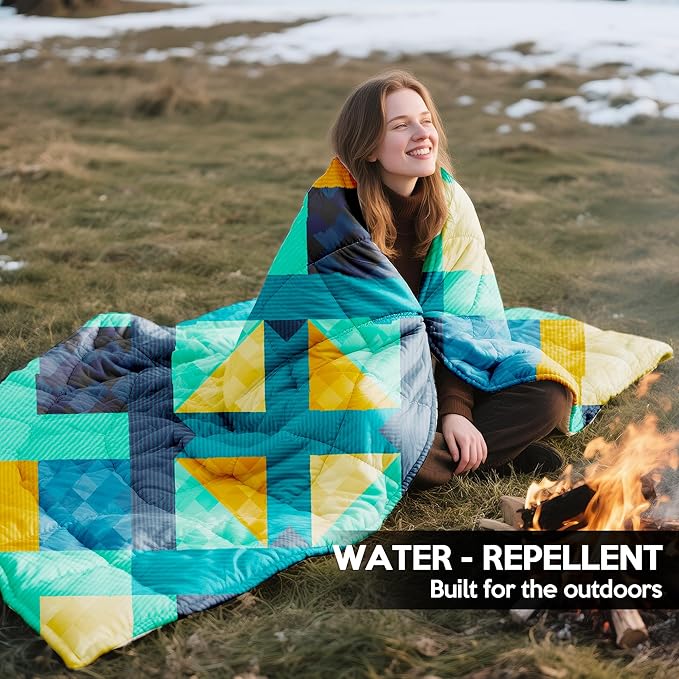 Camping Blanket, 2-in-1 Wearable Puffy Camping Blanket with Hood & Snap Buttons Waterproof Lightweight Travel Blanket Converts to Pillow for Backpacking, Beach, Picnics, Stadium(Kaleidoscope)