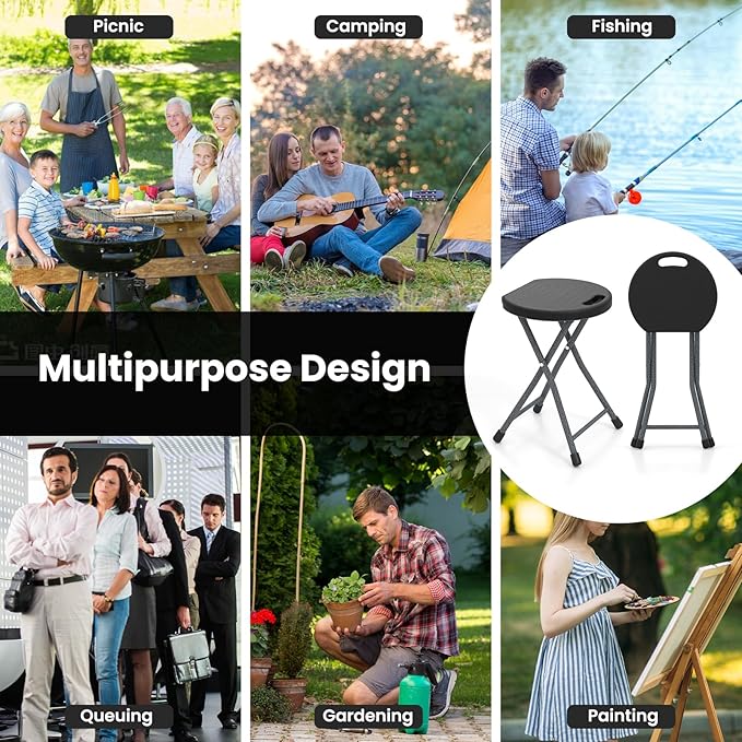 Goplus Folding Stool, 2 Pack 18 inch Foldable Camping Stool for Adults with 440 lb Capacity, Portable Plastic Fold up Stool, Collapsible Round Stool with Handle for Fishing Hiking Gardening BBQ