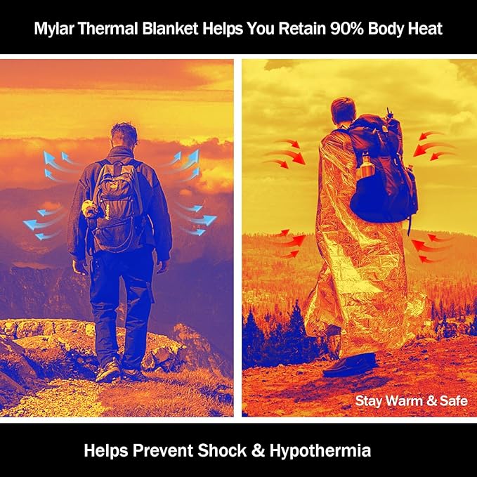 12-Pack Emergency Mylar Thermal Blankets, 82"x62" Space Blankets Foil Blanket, XL Camping Blanket for Outdoors, Hiking, Survival kit, Bug Out Bag，Marathons or First Aid, Golden