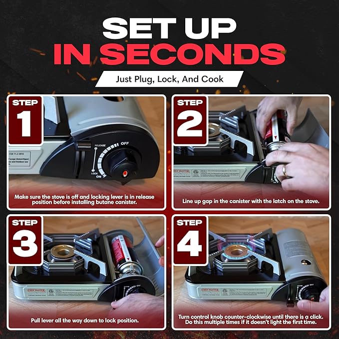 Dual Fuel Portable Stove Combo, Dual Fuel Butane & Propane Stove, 12K BTU Portable Camping Stoves w/ 4 x 8 oz. Butane Tin Canister for Camping, Emergencies & Outdoor Cooking, Grill by Grill Boss 90057