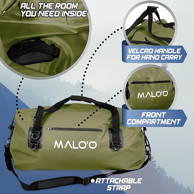 Malo’o Waterproof Dry Duffel, Heavy-Duty Roll Top Waterproof Gear Bag with Shoulder Strap & Molle Loops, Marine Duffel for Kayaking, Boating, Camping, Beach & Travel, Dark Green, 40L