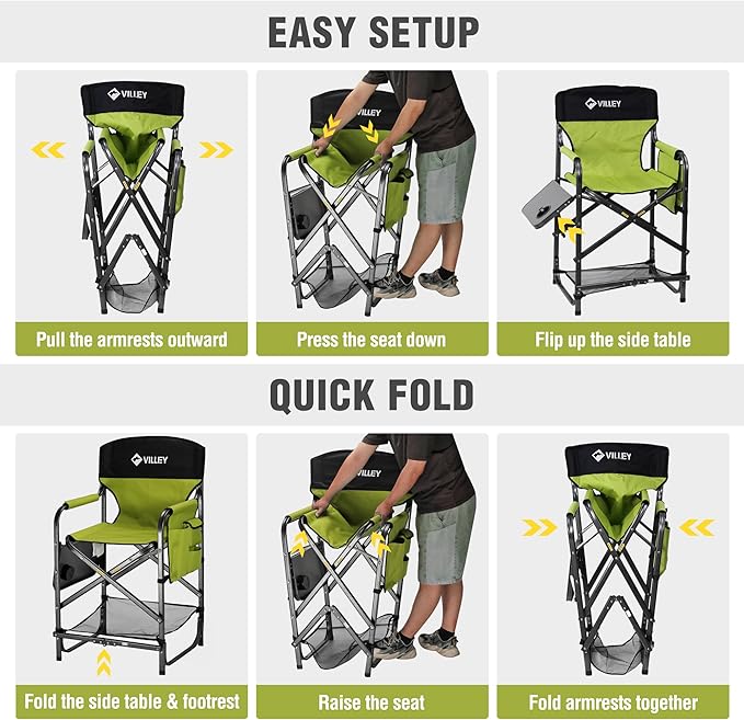 VILLEY Tall Directors Chair, Folding Camping Chairs, Makeup Artist Chair with Foot Rest, 900D Fabric for Tailgating Camp Lawn Picnic Fishing Beach, Supports 350 LBS, Green