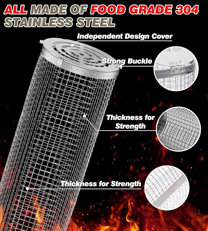 Rolling Grilling Baskets for Outdoor Grill Bbq Net Tube Must Have Large Barbecue Cylinder Cage Round Mesh Essentials Gadgets Cooking Accessories for Picnic Veggies Vegetable Fish Meat, Gift for Men