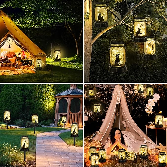 kyoryuger Cat Solar Lanterns Cat Gifts for Women Men Cat Lovers Gifts Hanging Cat Lanterns with Stake for Yard Lawn Garden Decor Black Cat Lantern Torches