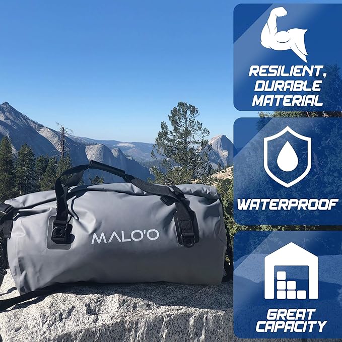 Malo’o Waterproof Dry Duffel, Heavy-Duty Roll Top Waterproof Gear Bag with Shoulder Strap & Molle Loops, Marine Duffel for Kayaking, Boating, Camping, Beach & Travel, Grey, 60L