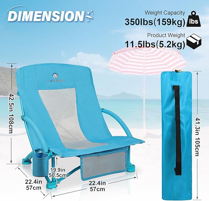 Beach Chairs for Adults 2 Pack,Heavy Duty Folding Low Back Camping Chairs w/Cooler Bag,Mesh Back,Cup Holder & Storage Bag,Compact Sling Chair for Lawn,Picnic,Travel,Blue