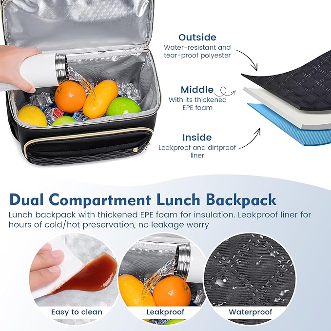 Backpack Cooler Lunch Backpacks Double Decker Lunch Box,Insulated Backpacks Lunch Cooler Bags, Lightweight Leakproof Lunchbox Back Pack for Women Men to Travel,Picnic,Hiking,Beach,Camping
