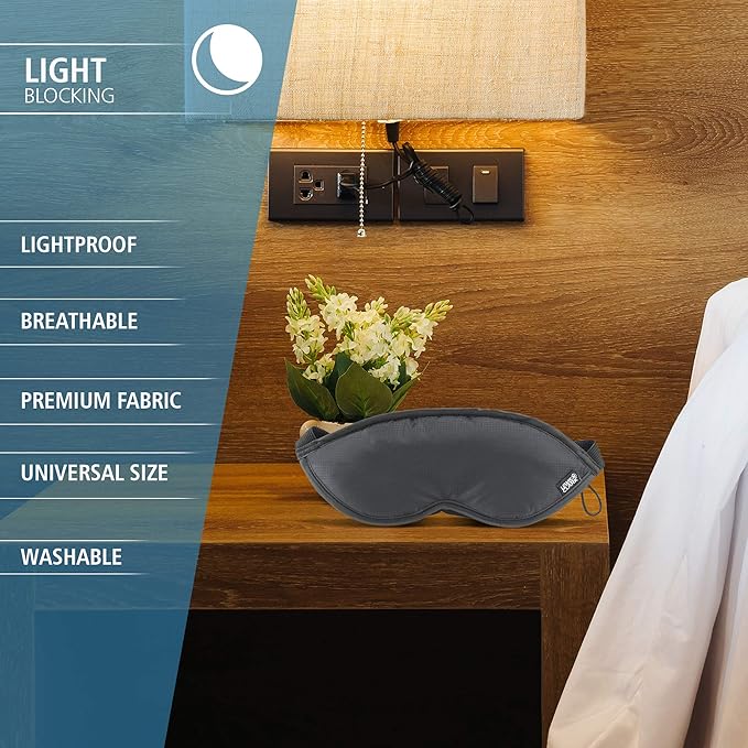 Lewis N. Clark Comfort Eye Mask + Sleep Aid to Block Light for Travel, Airplane, Hotel, Airport, Insomnia + Headache Relief with Adjustable Straps, Gray