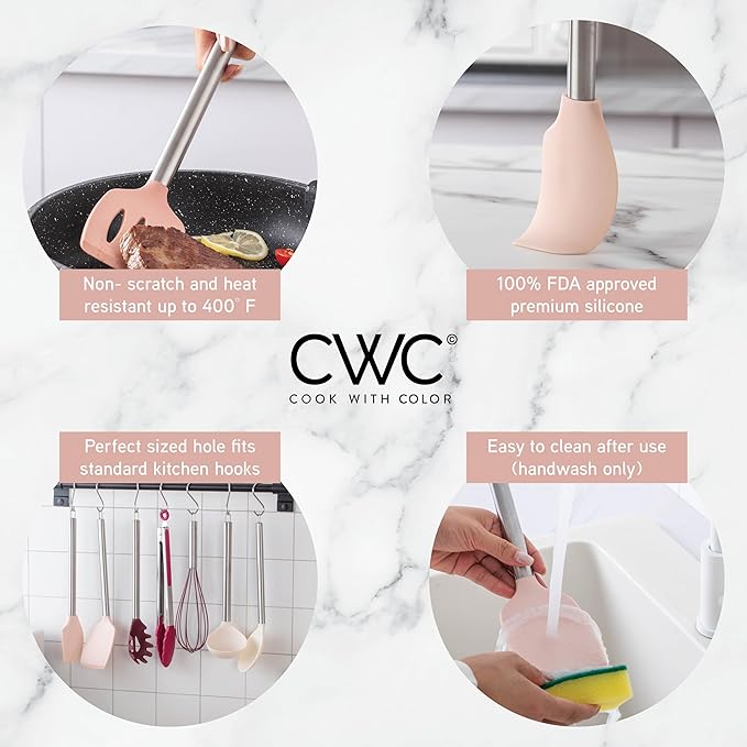 COOK WITH COLOR Silicone Cooking Utensils, Kitchen Utensil Set, Easy to Clean Silicone Kitchen Utensils, Cooking Utensils for Nonstick Cookware, Kitchen Gadgets Set, 10 Pieces, Rose