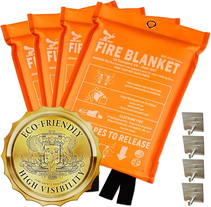Supa Ant Emergency Fire Blanket for Home and Kitchen - 4 Pack 1500F High Visibility (Glow in The Dark) Smother Kitchen Fire Blanket - CE Certified Hero Fire Blankets Emergency for Home (47in)