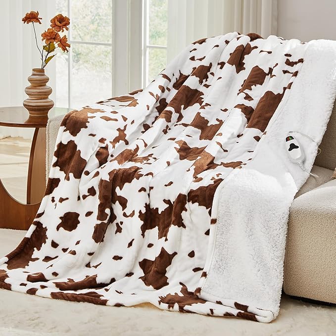 Cow Print Heated Electric Blanket Full Size,72X84 Brown Heating Blanket with 10 Heats Levels & 8 Hours Auto Off,Highland Cow Decor Fleece Sherpa Blankets Warmer Gifts for Women Adults,Washable,ETL