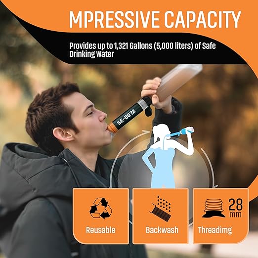 Personal Straw Water Filter to purify Water, Emergency Water Straws Portable Gear for Hiking, Camping, Travel, Fishing, Outing and Emergency Preparedness （2 Water Filters + 1 Filter Cartridge）