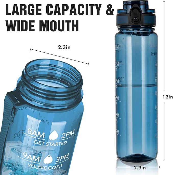 OLDLEY Water Bottle 32oz, Durable and Leakproof Water Bottles Motivational with Time Marker, Tritan, BPA Free, Wide Mouth, Gym, Travel, Home, School, Office, Midnight Blue (1 Bottle)