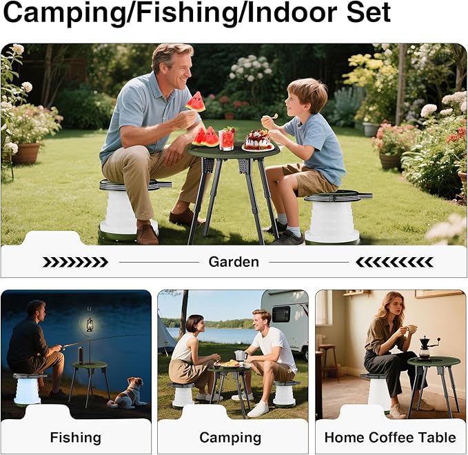 LED Camping Table Set with Stools, 300lbs Capacity Adjustable Height Folding Table & Chairs, All-in-One Compact Design for Outdoor, Camping, Picnic, Tailgating