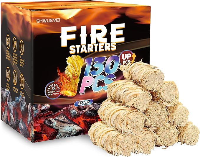 Shwuevei 130 pcs Fire Starter - Natural Fire Starters for Fireplace, Pellet Stove & Wood, Fire Pit, Smoker, BBQ, Chimney, Pizza Oven - Fire Starters for Grill, Charcoal Starter
