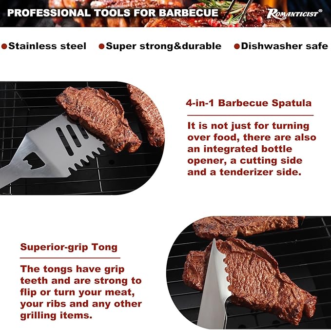 ROMANTICIST 20pcs Heavy Duty BBQ Grill Tool Set in Case - The Very Best Grill Gift for Father's Day and Christmas - Professional BBQ Accessories Set for Outdoor Cooking Camping Grilling Smoking