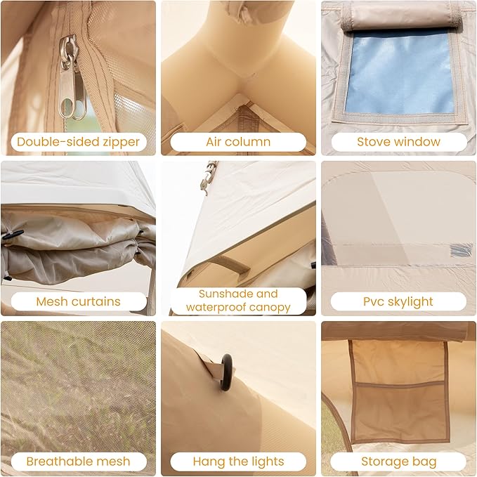 Outdoor Inflatable Camping Tent, 2/4/6/Person Glamping Inflatable Tents for Camping, Three Minutes Setup Tents,Beige Canvas with Mosquito-Proof Mesh Windows