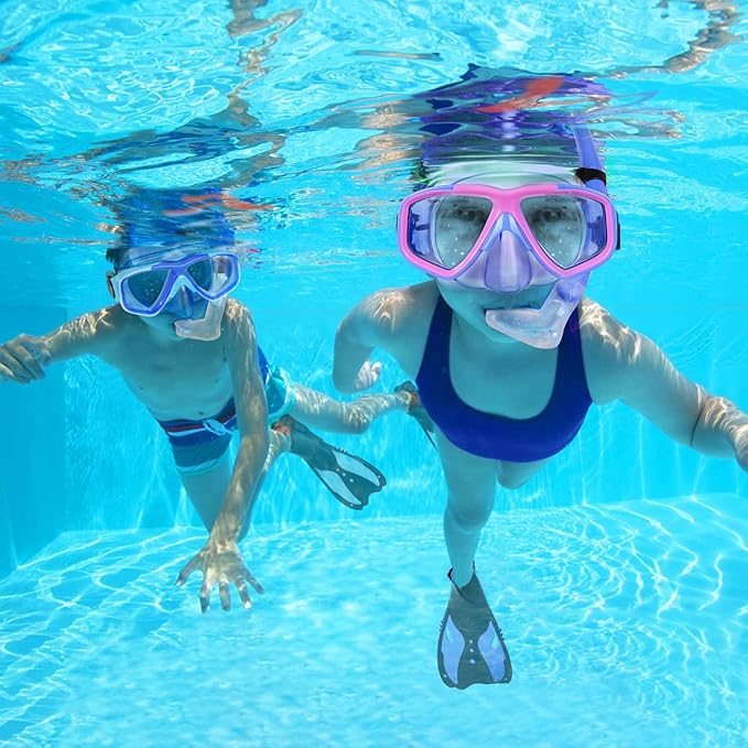 Youth Snorkel Set for Ages 7-16, Snorkeling Gear for Kids with Panoramic View Mask Anti-Fog Anti-Leak Full Dry Top Snorkel Fins Travel Bag for Swimming Diving