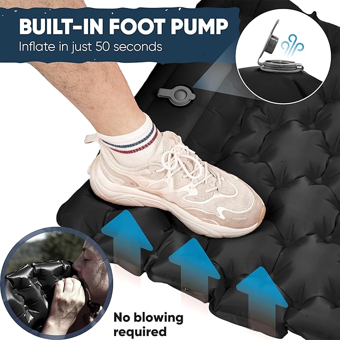 POWERLIX Sleeping Pad for Camping with Bulit in Pillow - Lightweight Camping Sleep Mat for Backpacking, Inflatable & Compact Camping Air Mattress, Perfect for Outdoor Hiking, Foot Pump