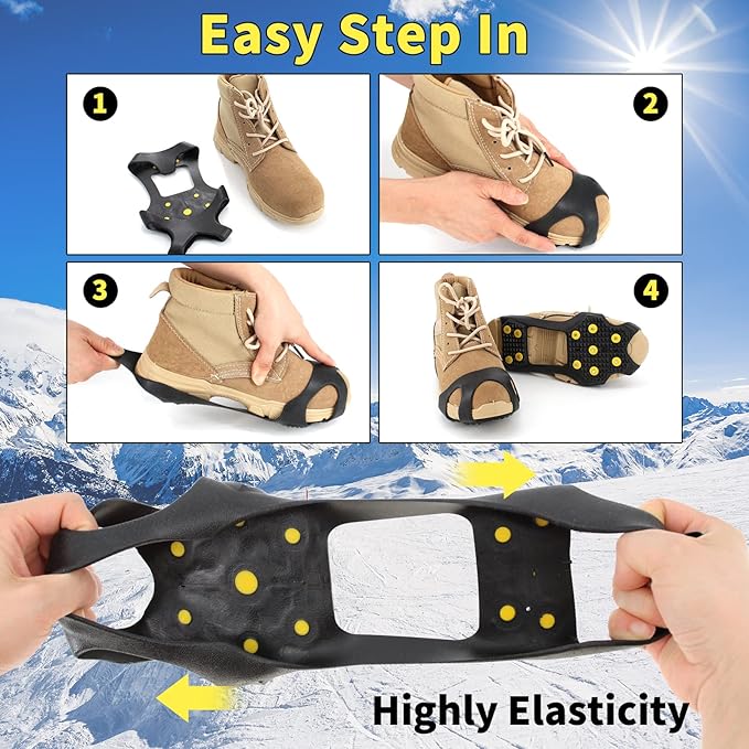 Non-Slip Ice Cleats Snow Grips, Strong Traction Crampons 11 Steel Studs, for Shoes and Boots, Snow Ice Walking