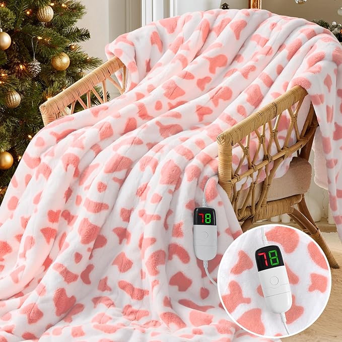 Cow Print Heated Electric Blanket Twin,62X84 Pink Heating Blanket with 10 Heats Levels & 8 Hours Auto Off,Cute Cow Decor Fleece Sherpa Blankets Warmer Gifts for Women Couch Office,Washable,ETL