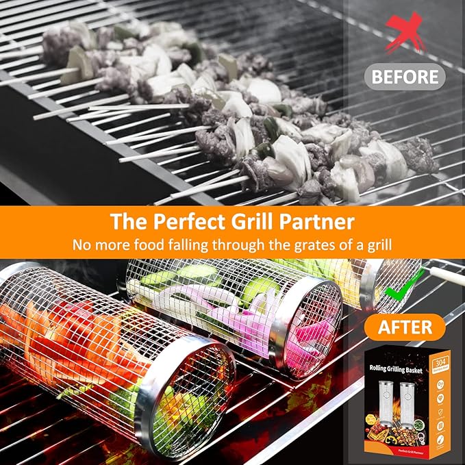 Rolling Grill Baskets (2PCS), Stainless Steel Grill Basket, Dishwasher Safe BBQ Grill Accessories Portable Grill Baskets for Outdoor Grill for Fish, Shrimp, Meat, Vegetables, Fries Outdoor Cooking Camping