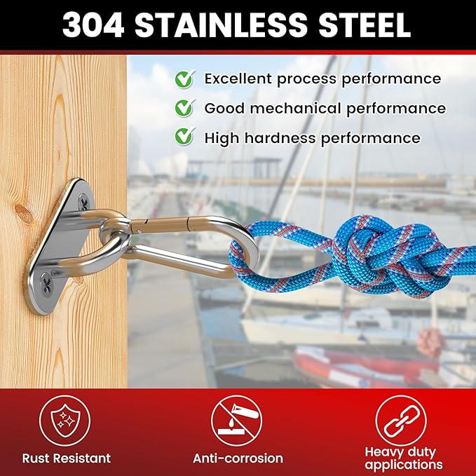 sprookber 304 Stainless Steel Pad Eye Snap Hooks, M5 Heavy Duty Ceiling Hooks, 500 lb Capacity Hammock Swing Hanging kit, Plant Hangers, Marine Hardware Staple Hook Loop with Screws, Set of 8