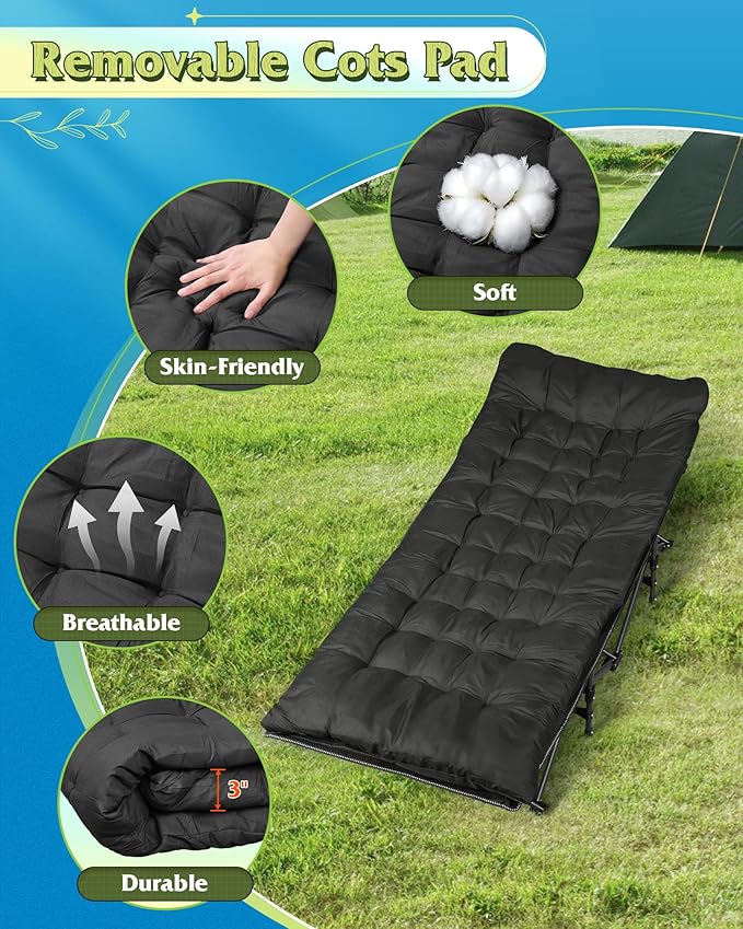 WLIVE 1200D Double Layer Oxford Camping Cots for Adults, Folding Cots for Sleeping with Mattress, Outdoor Folding Bed with Carry Bag, Portable Camping Bed for Sleeping, Resting, Camping, Black