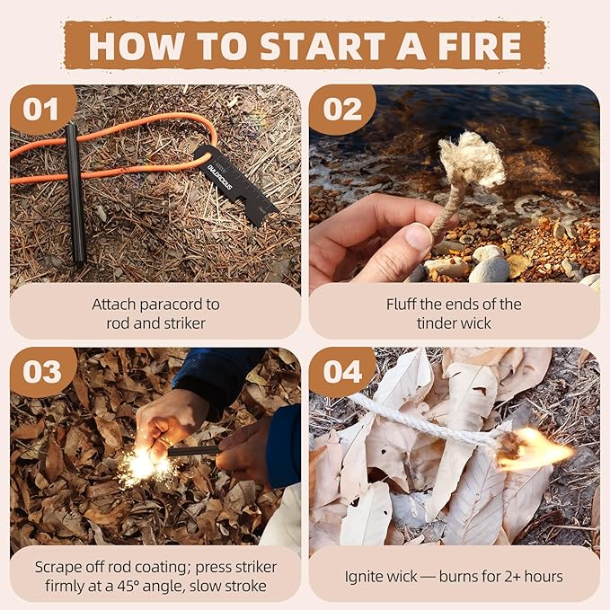 Fire Starter Survival Kit – 4 Ferro Rods (4", 3.2", 2×2.4"), 2 Strikers, 2 Tinder Wicks (13" Each), and 2 Paracords (40“ Each). Flint and Steel Emergency Tool.
