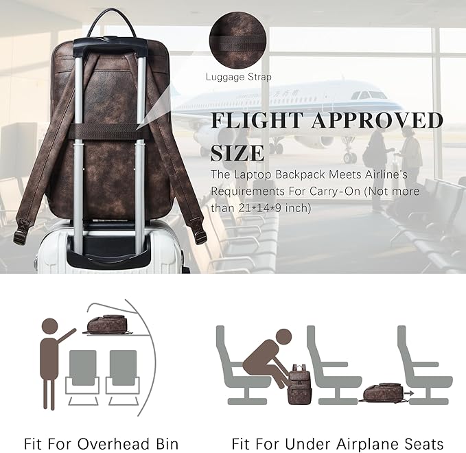 Leather Backpack for Women, Fits 17 Inch Laptop in Main Compartment, Dedicated 15.6 Inch Padded Sleeve, Large Vegan Leather Travel Computer Bag with Luggage Strap for Business and Work, Coffee