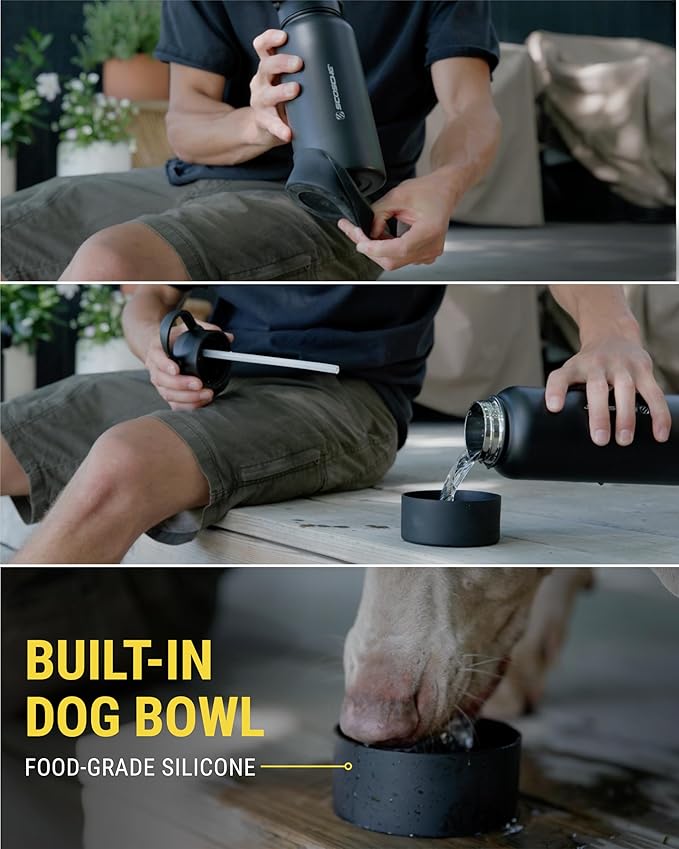 Scosche MFMS32 MagicMount Flask 32 oz Stainless Steel Water Bottle with MagSafe Phone Mount Stand, 12H Hot & 24H Cold, Insulated Flask with Magnetic Phone Holder for Gym, Travel, Sports, 32oz Black