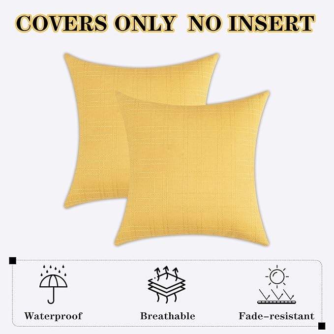 Kevin Textile Pack of 2 Decorative Outdoor Waterproof Throw Pillow Covers Checkered Pillowcases Classic Cushion Cases for Patio Couch Bench 16 x 16 Inch Yellow