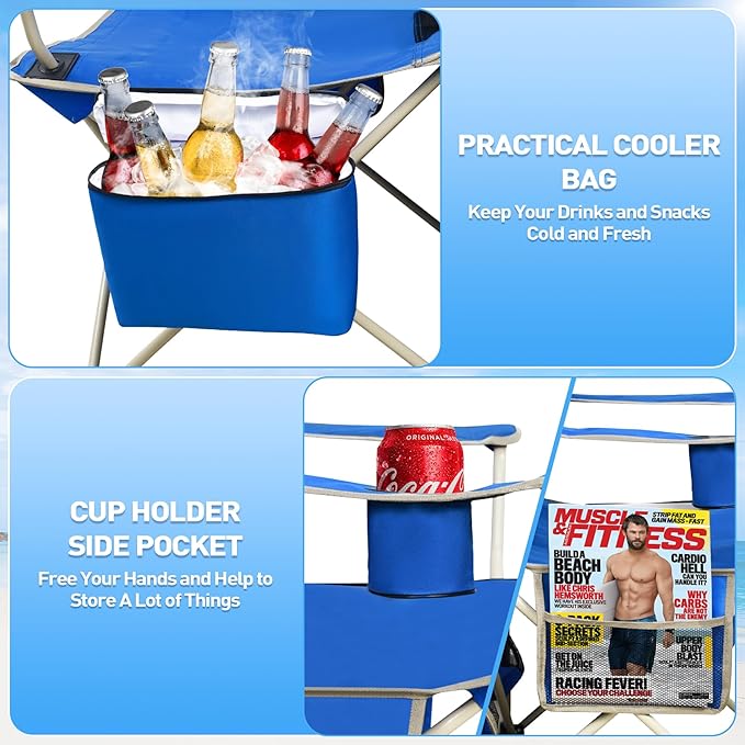 MENOLY Camping Chair with Shade Canopy, Folding Canopy Chair with Cooler Bag for Outdoor Sports, Lawn Chairs with Extra Storage Space, Sturdy Steel Frame for Camping, Beach, Tailgates, Fishing