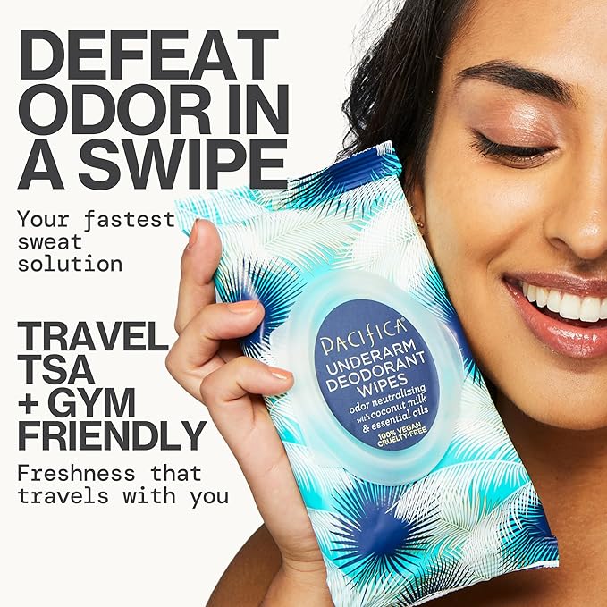 Pacifica Deodorant Wipes - Coconut Scented Body Wipes, Aluminum-Free After Workout Underarm Deodorant, Helps Fight Body Odor, Travel, Summer, Long Flight, and Gym Essentials for Men and Women - 30 pcs