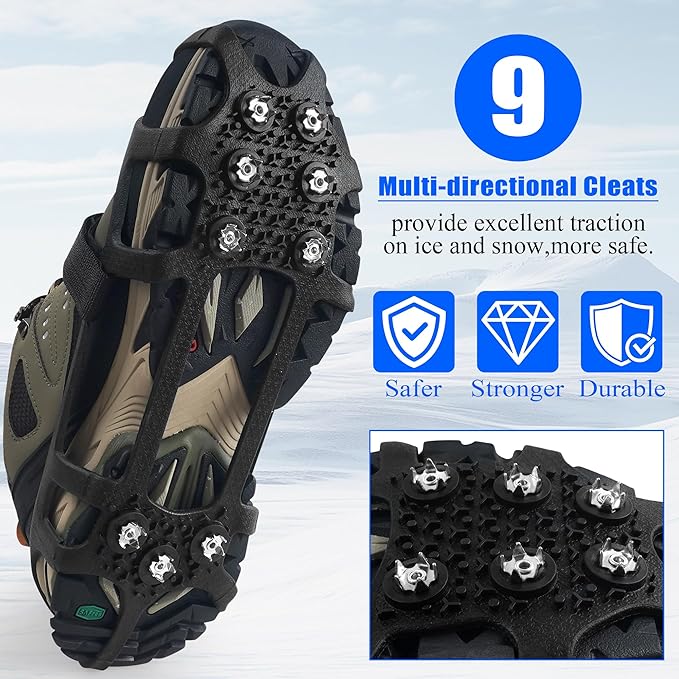 Ice Cleats Snow Traction for Shoes and Boots Ice Snow Crampons Ice Gripper for Walking on Snow and Ice 9-Studs Non Slip Ice Cleats Rubber Overshoe Slip-on Stretch Footwear Winter Hiking Climbing