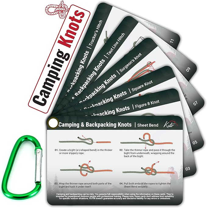 Outdoor Knots Mastery Guide - Essential Backpacking, Scouting & Camping 12 Portable Pocket Size Knot Cards - Waterproof Portable Reference with Mini Carabiner, Regular